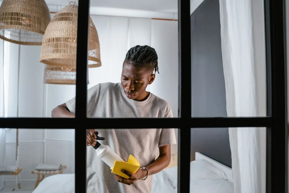 Hotel maid in uniform arranging pillows in a neatly styled guest room.